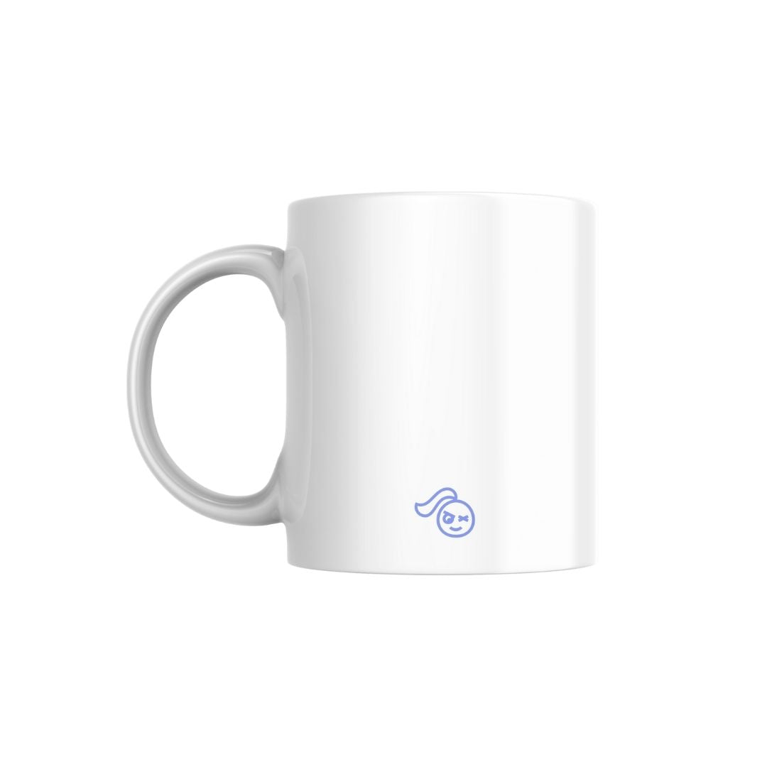 Tough Cherry white ceramic mug with Tough Cherry blue logo on the back on a white background