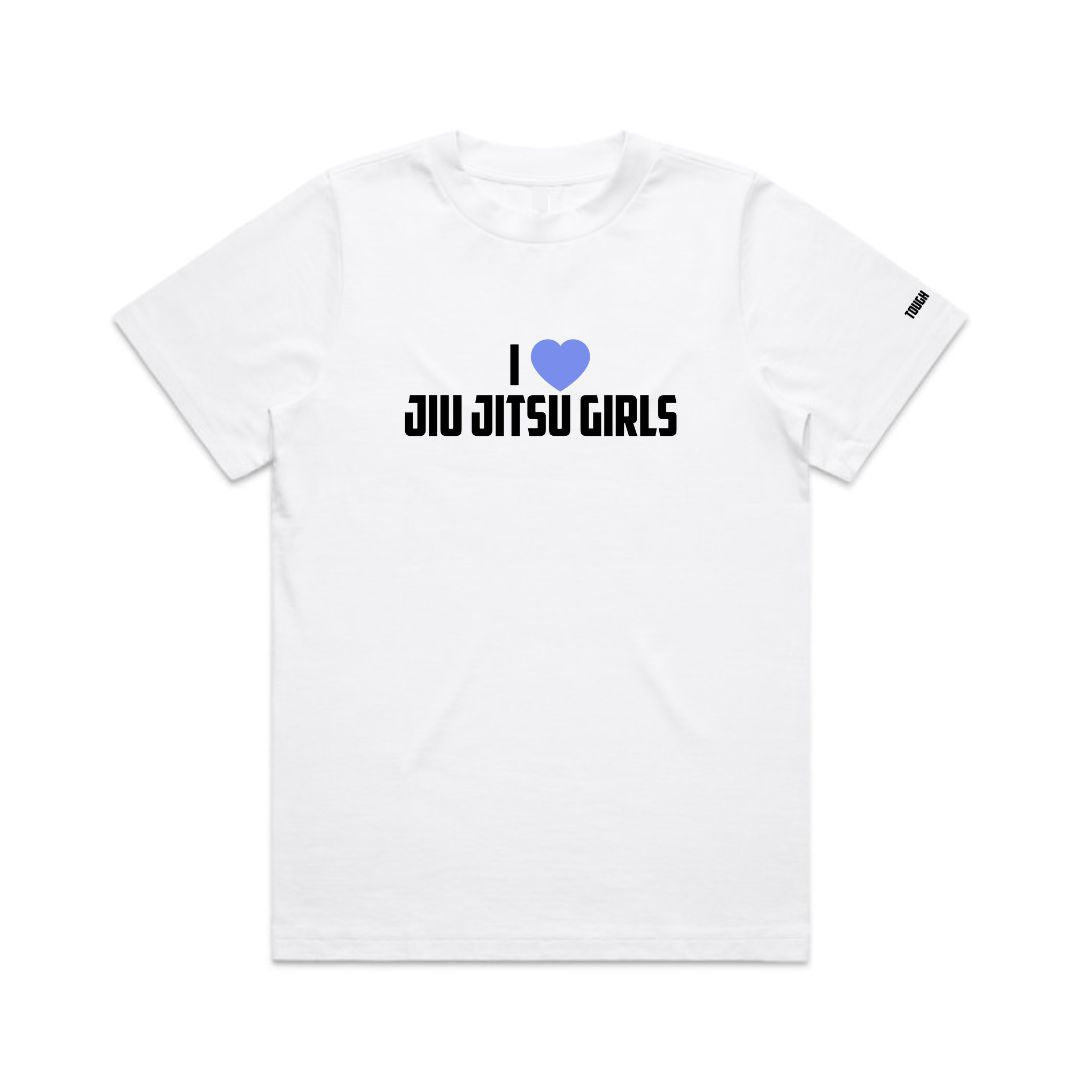 Tough cherry White oversized t-shirt with 'I love Jiu Jitsu Girls' text on a white background