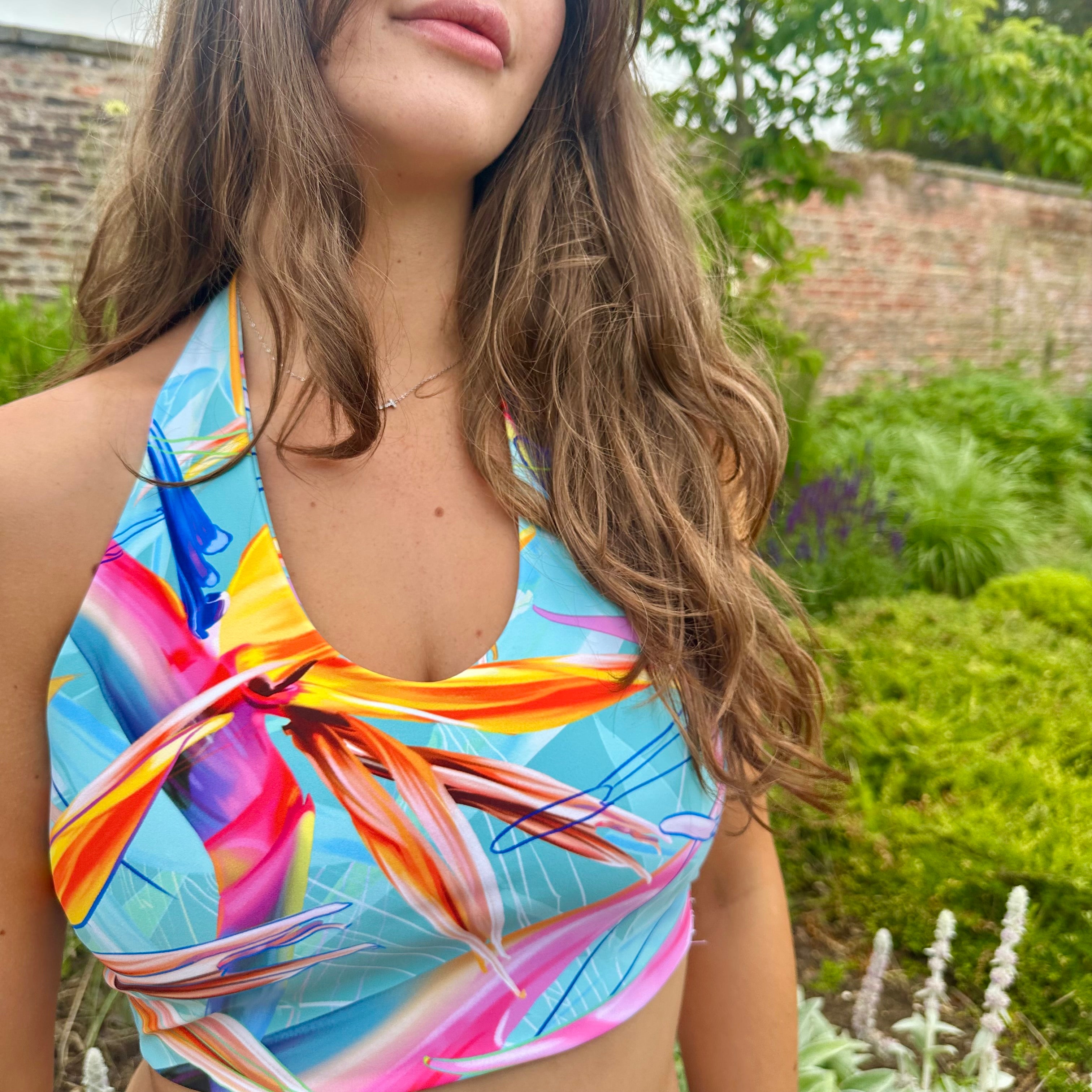 Tough Cherry Tropical Flora turquoise design halter neck top close up