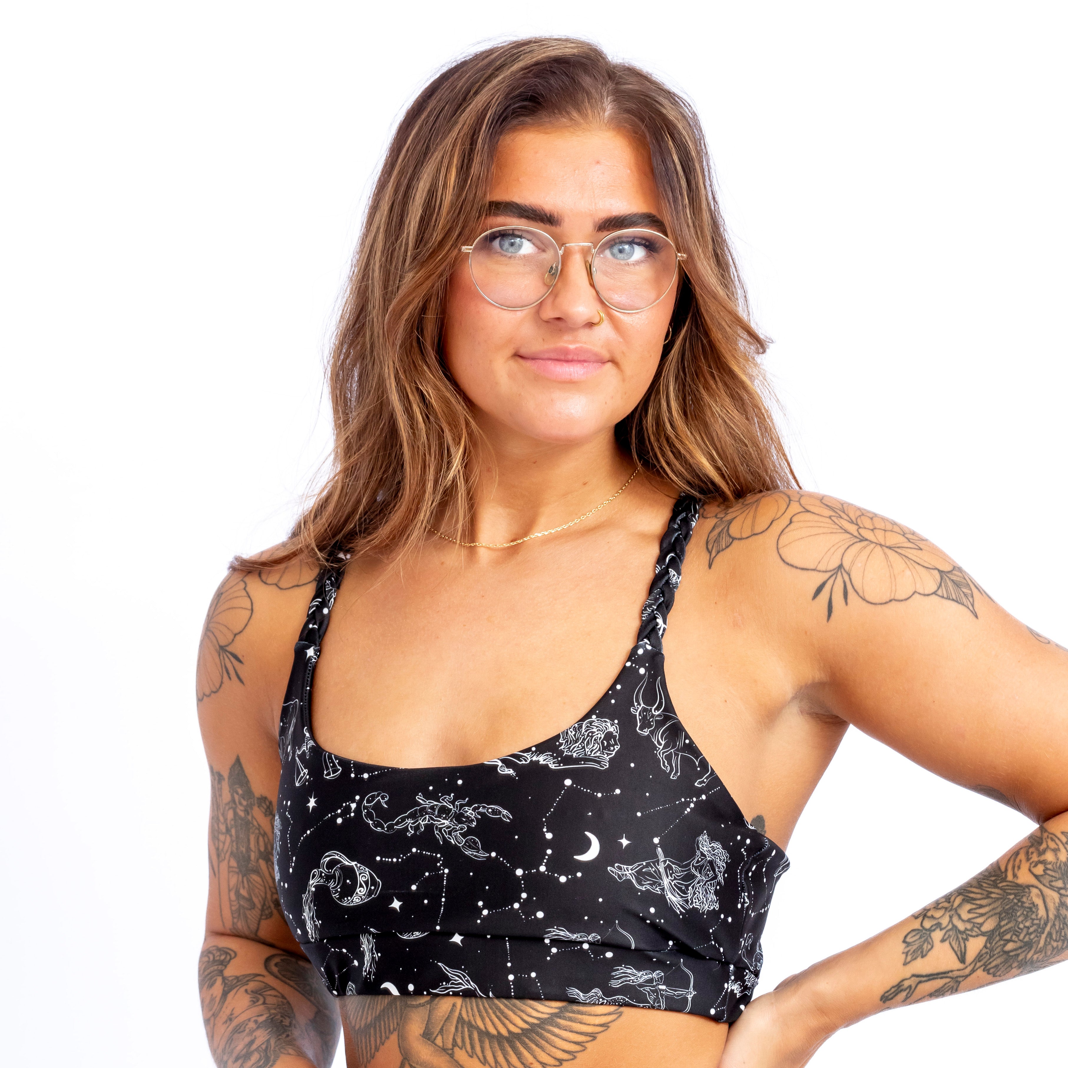 Tough Cherry Braided sports bra, in under the stars print in black with white constellations print, front view