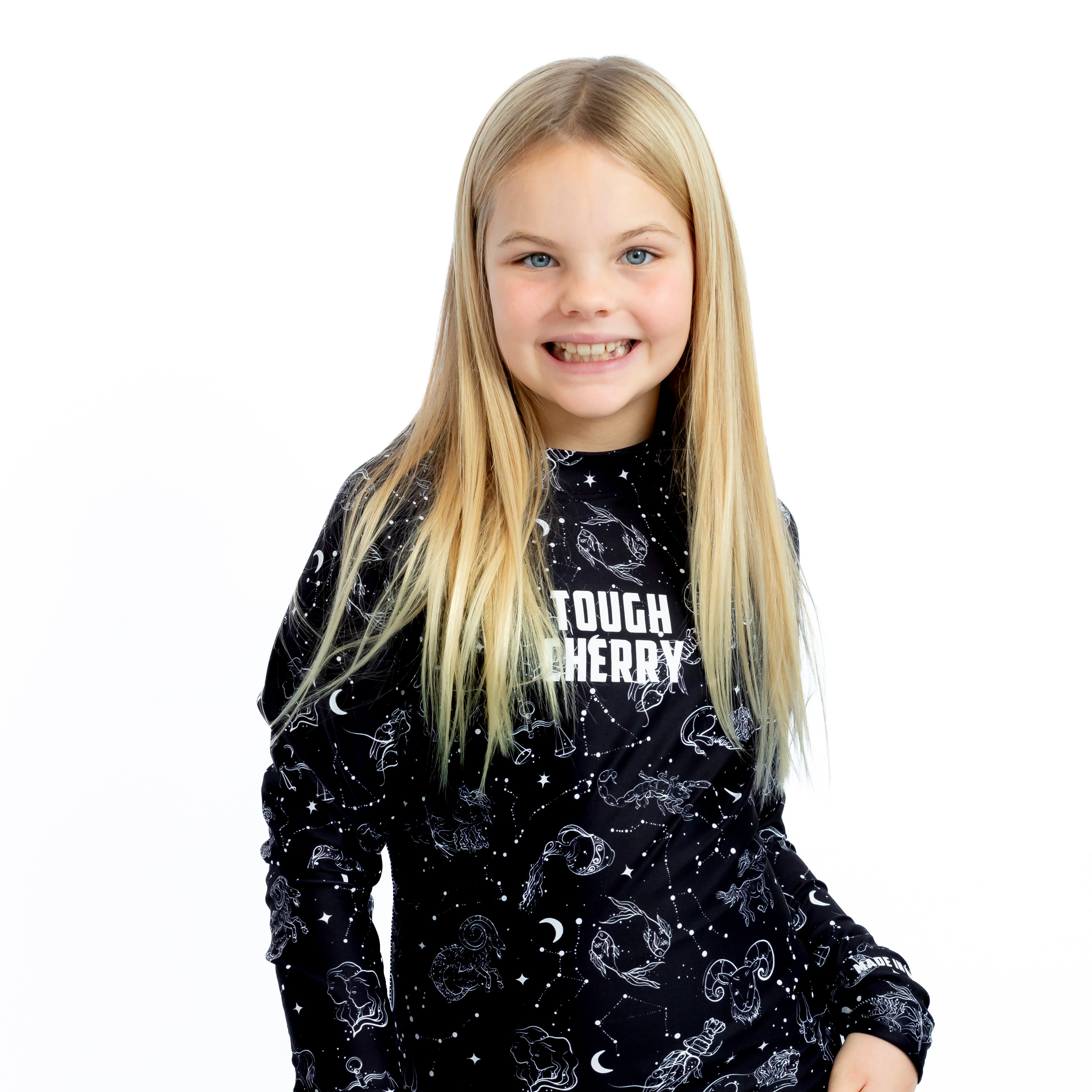 Children's under the stars long sleeved rash guard, black with white constellations print