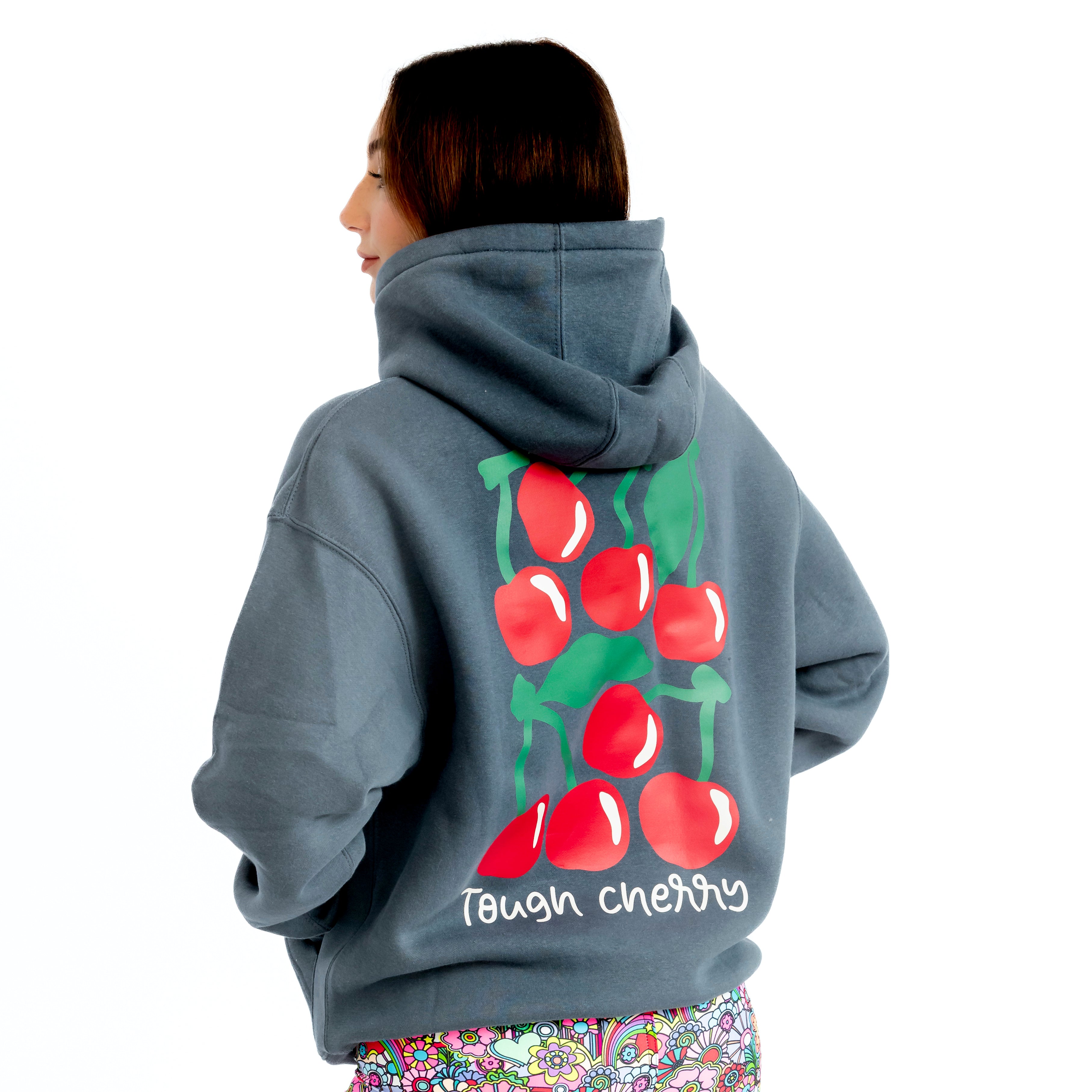 Tough cherry dark grey cherry hoodie back