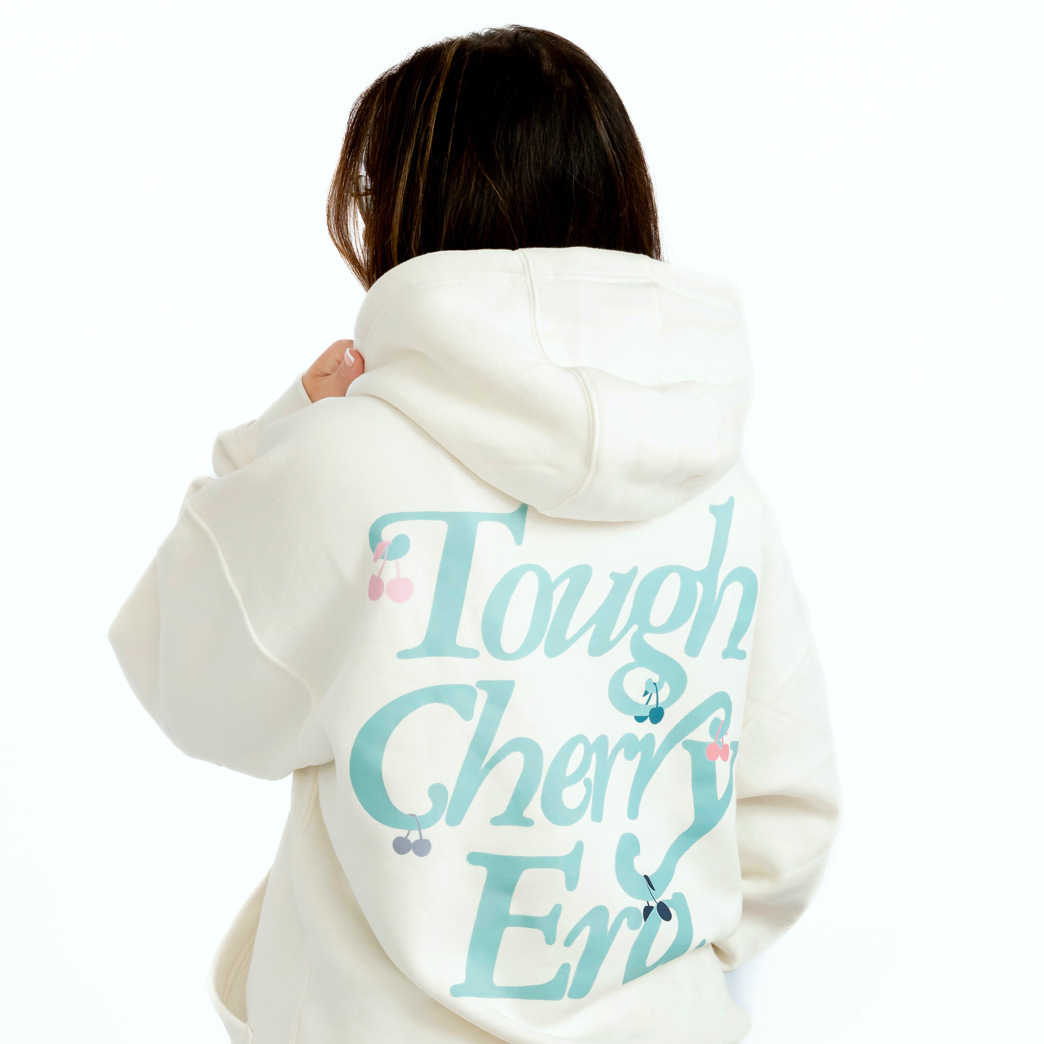 White tough cherry hoodie with baby blue tough cherry era text