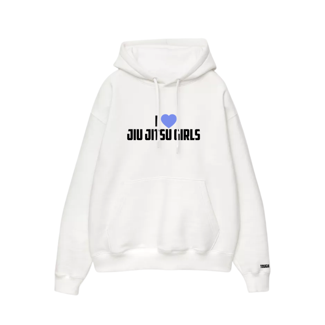 White hoodie with 'I ❤️ Jiu Jitsu Girls' text on a white background