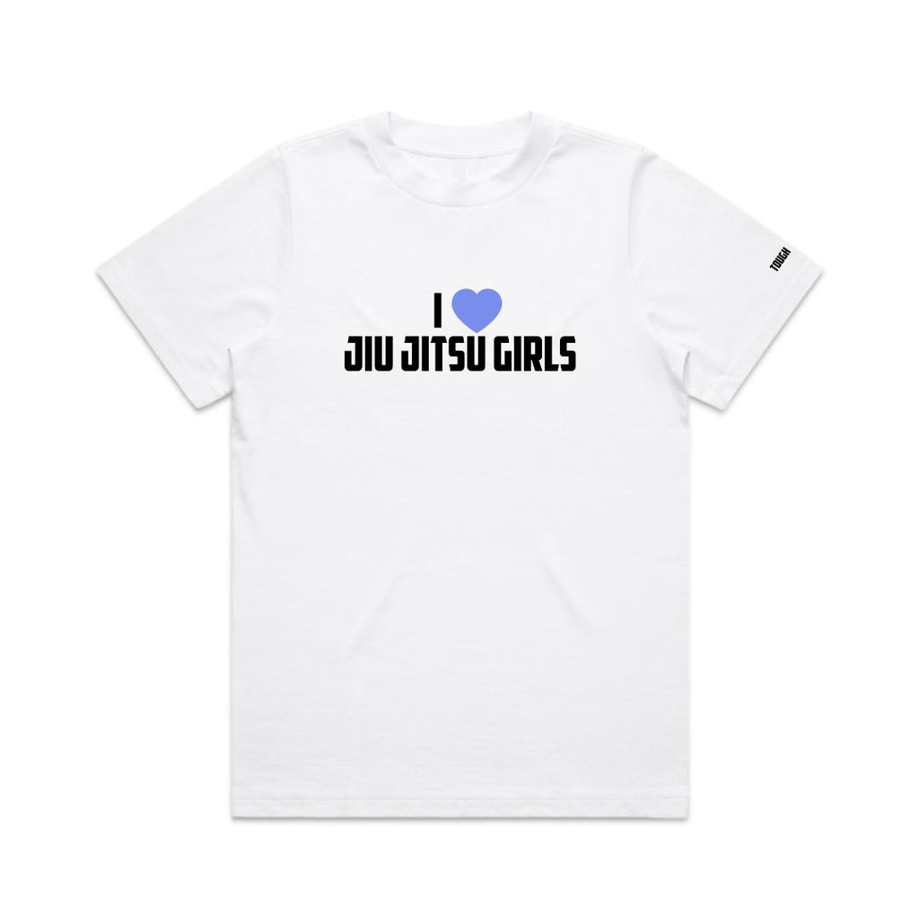 Tough cherry White oversized t-shirt with 'I love Jiu Jitsu Girls' text on a white background