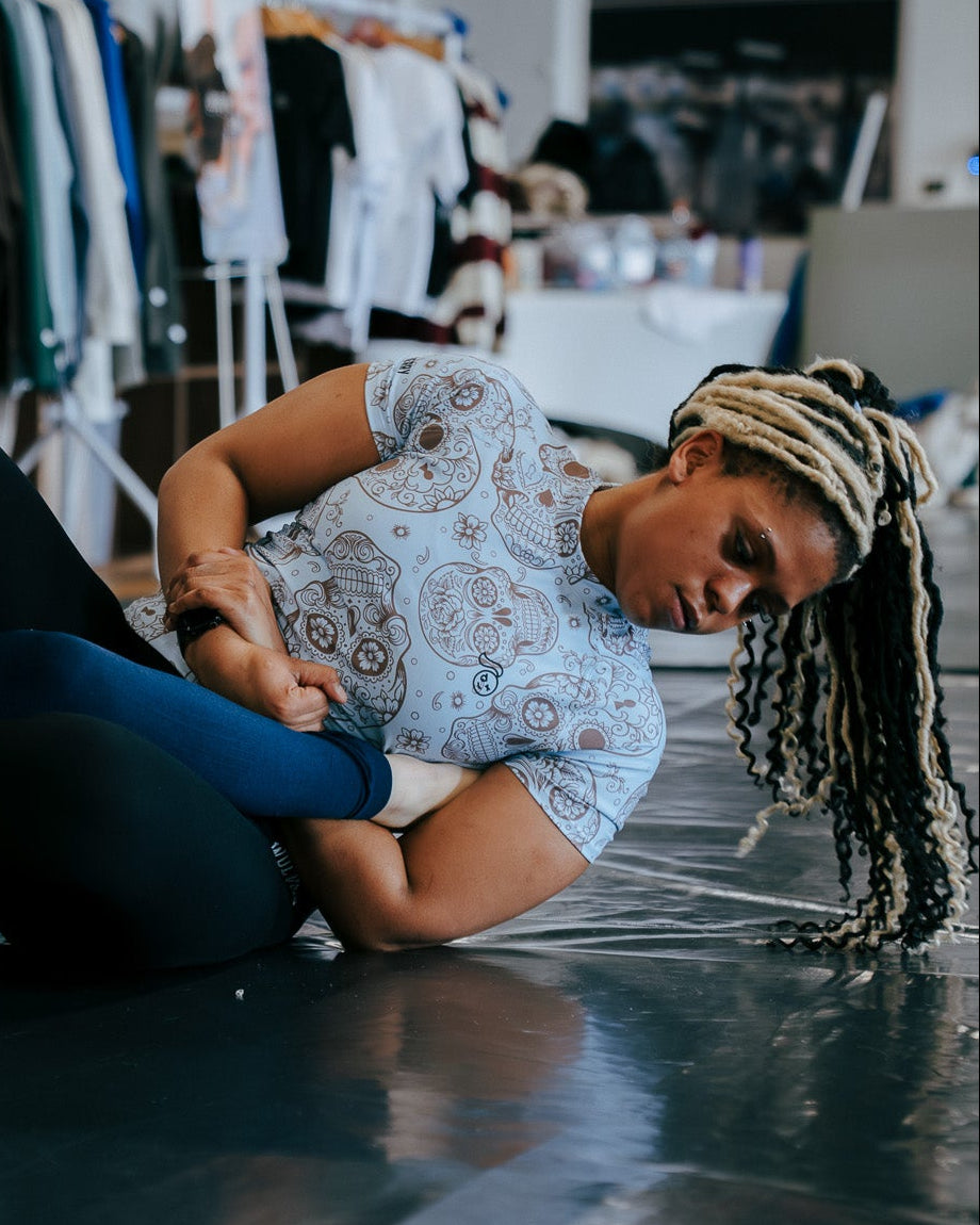 Sugar Skull Baby Blue and Mocha Momentum Short Sleeve Rashie