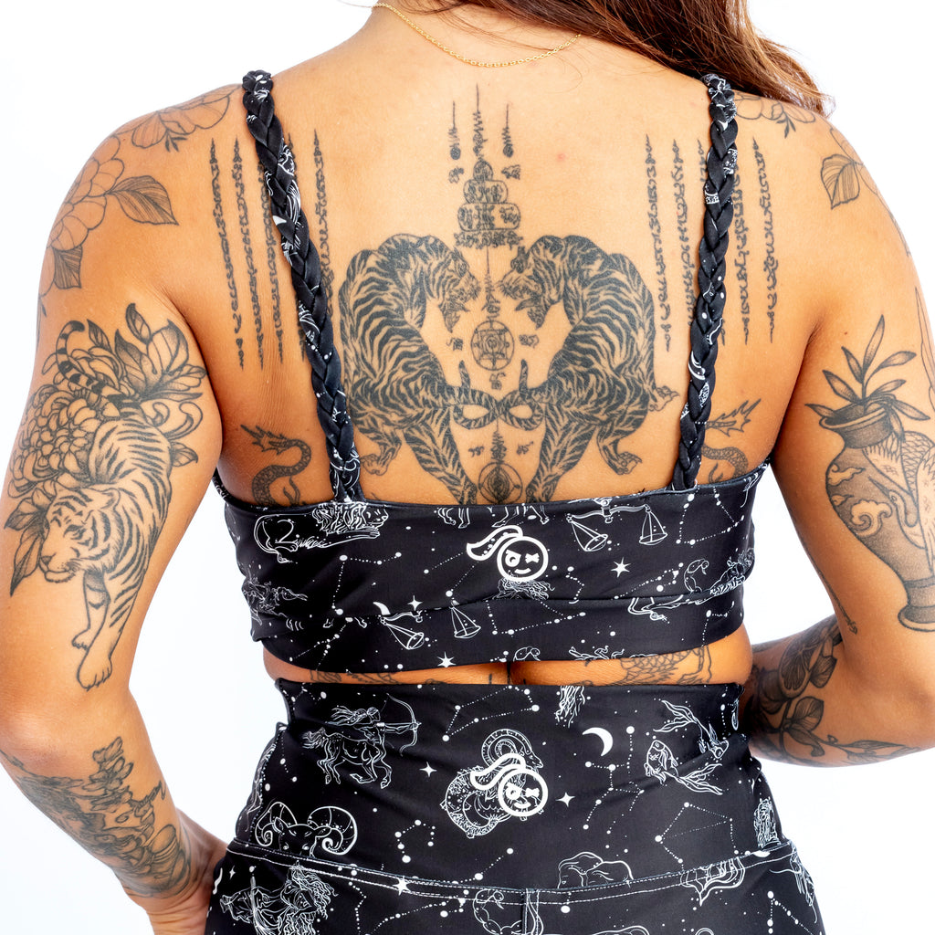 Tough Cherry Braided sports bra, in under the stars print in black with white constellations print