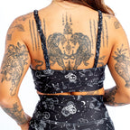 Tough Cherry Braided sports bra, in under the stars print in black with white constellations print