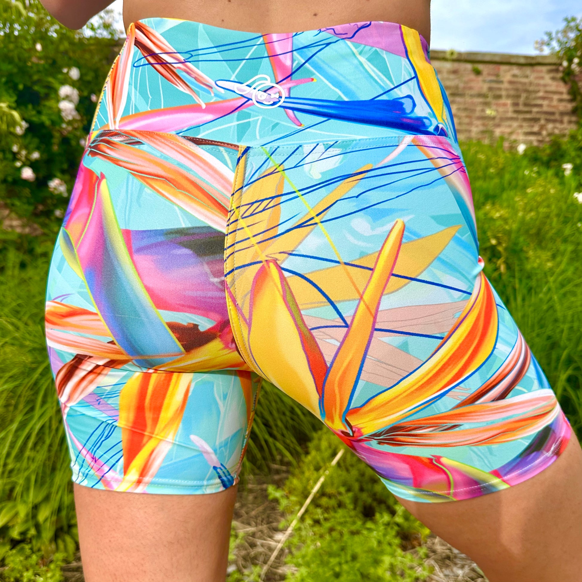 Tough Cherry Tropical Flora turquoise design shorts back