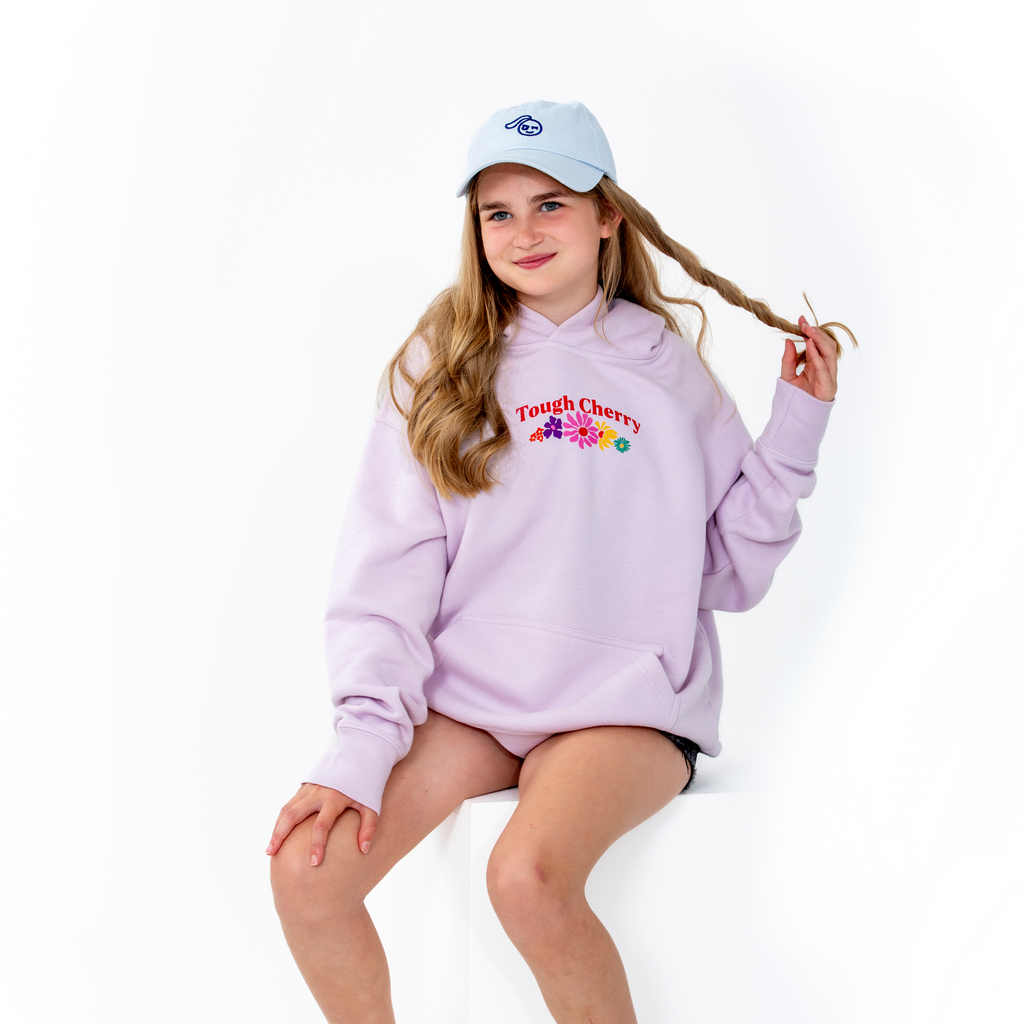 Women's and kids pink oversized hoodie with flower pattern, front view