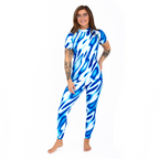 Women's and kids short and long sleeved rash guard, white and blue blurred design, full body view