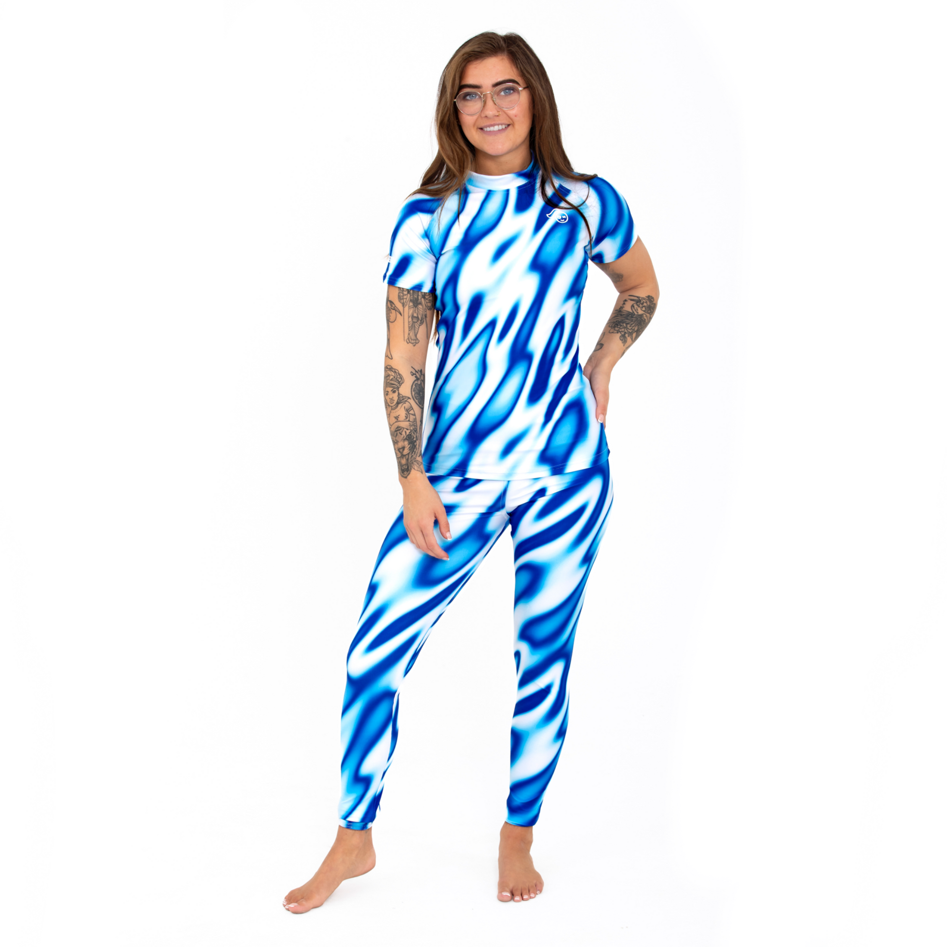 Women's and kids short and long sleeved rash guard, white and blue blurred design, full body view