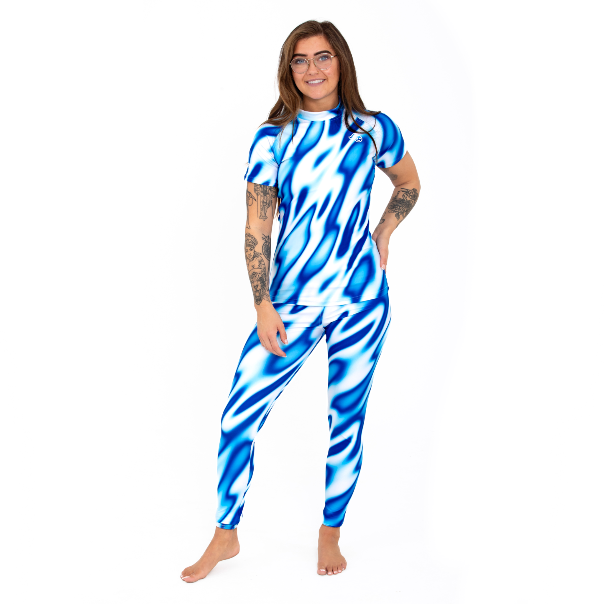 Women's and kids short and long sleeved rash guard, white and blue blurred design, full body view