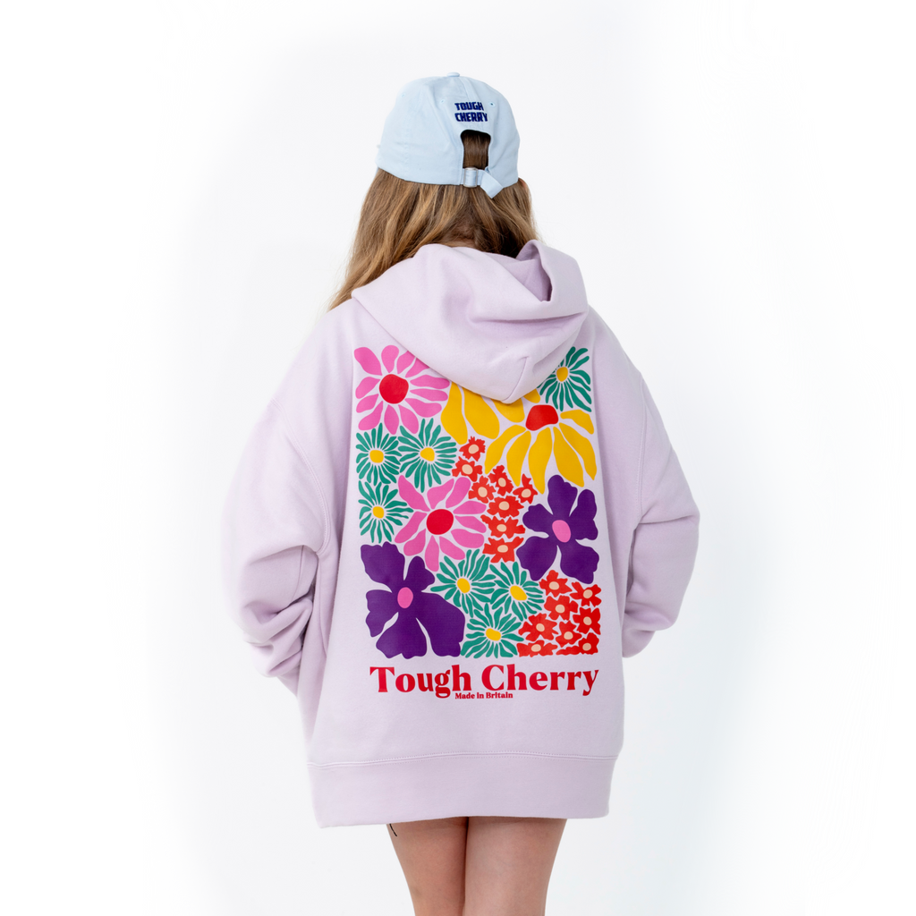 Women's and kids pink oversized hoodie with flower pattern, back view