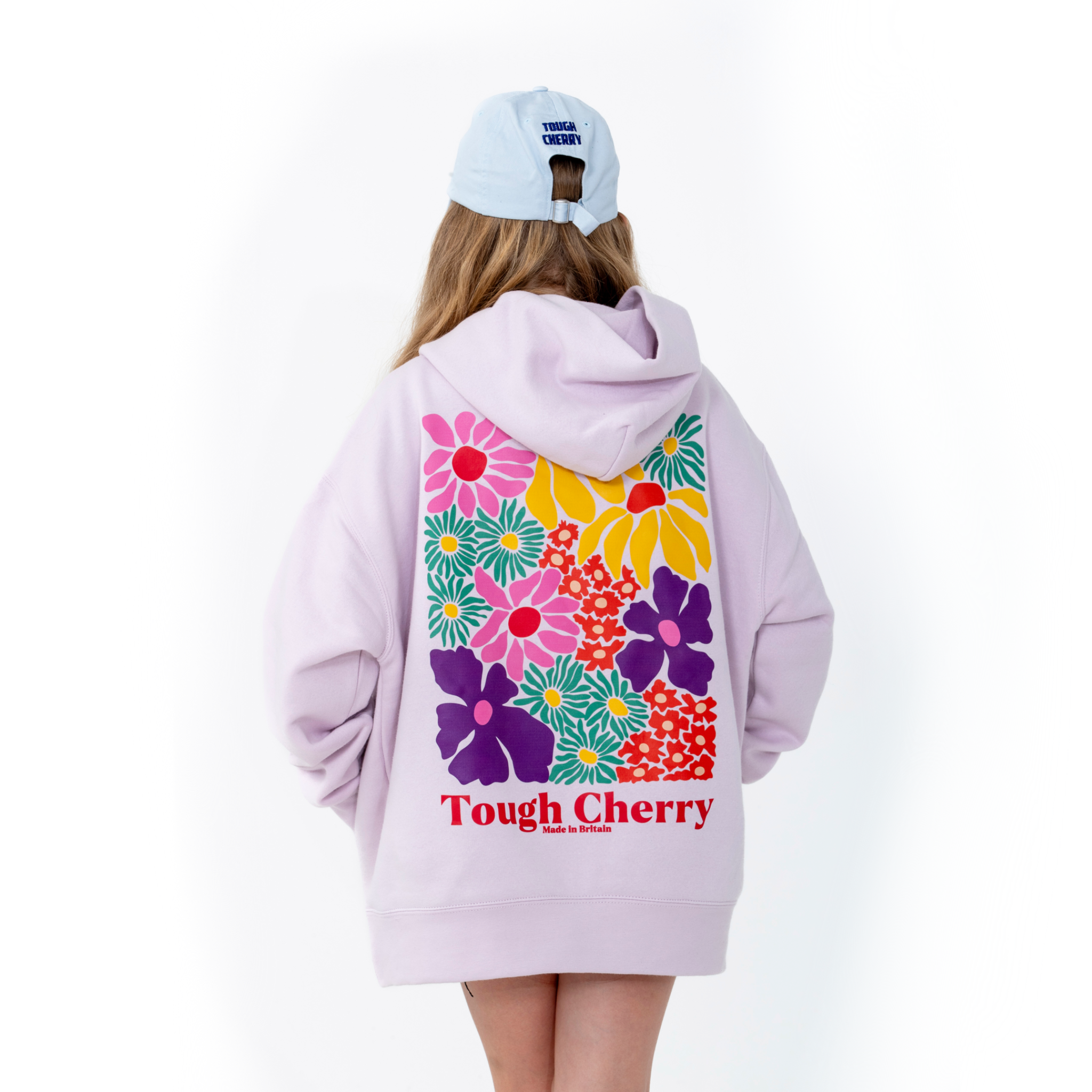 Women's and kids pink oversized hoodie with flower pattern, back view