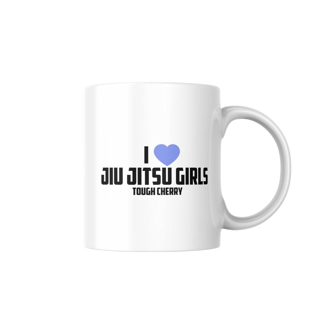 Tough Cherry white ceramic mug with 'I love jiu jitsu girls' text on a white background